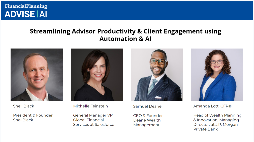 Headshots of Shell Black, Michelle Feinstein, Samuel Deane, and Amanda Lott — industry experts who shared their insights about AI for financial advisors.