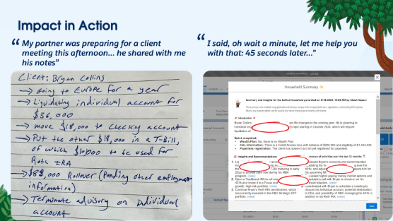 This side-by-side comparison shows the similarities of an advisor’s handwritten notes against the results of a Household Summary using generative AI.