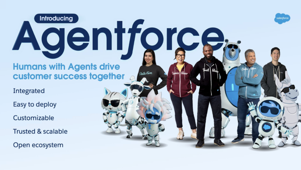 Five diverse humans alongside illustrations of familiar Dreamforce characters dressed in robotic costumes. Agentforce combines the strength of humans and AI Agents to drive customer success.