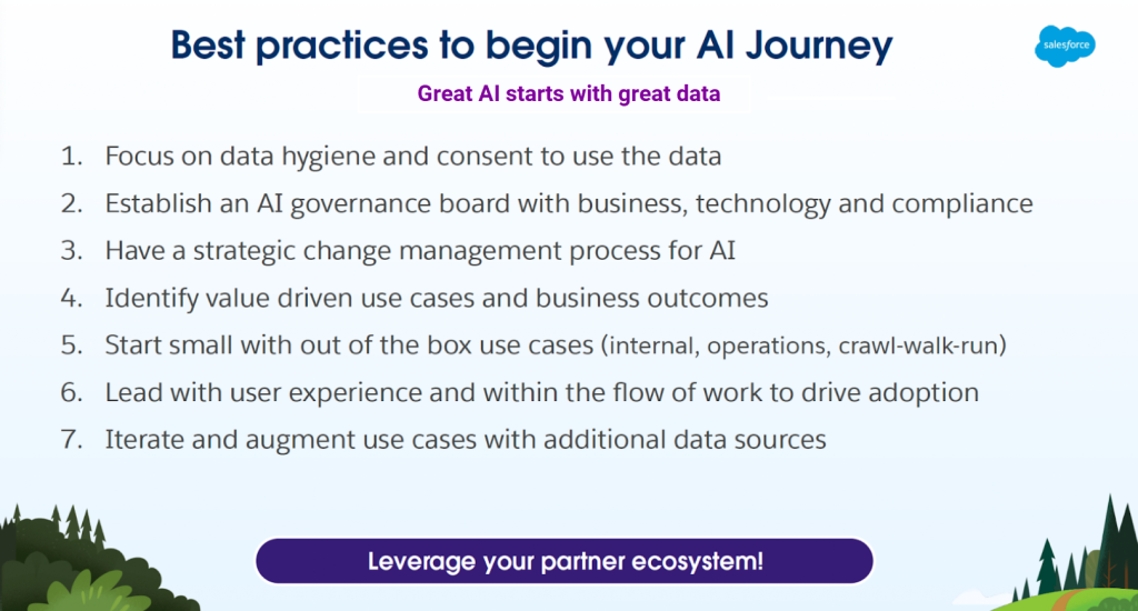 Ready to begin your AI journey? Best practices include focusing on data hygiene, establishing an AI governance board, having a plan for change management, identifying use cases and outcomes, starting small, leading with the user experience, and scaling use cases with additional data sources.